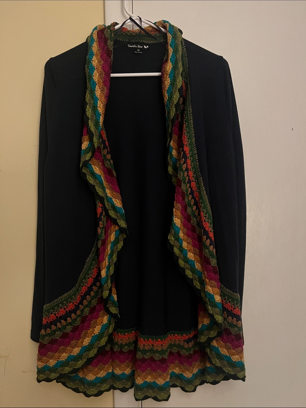 Double Zero Black Cardigan with Multicolor Crochet Trim